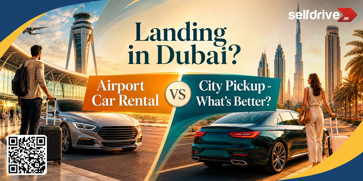 Alt text: "Advertisement featuring car rental options in Dubai with a split image. Left shows a man at the airport with luggage near a silver car; text reads 'Airport Car Rental'. Right shows a woman in the city near a green car; text reads 'City Pickup - What's Better?'. Background includes Dubai's skyline and an airplane. QR code and logo present."